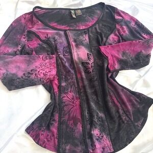 Serenade New York Mesh Top Purple Black Tie Dye Floral Lace Trim Sleeve Small